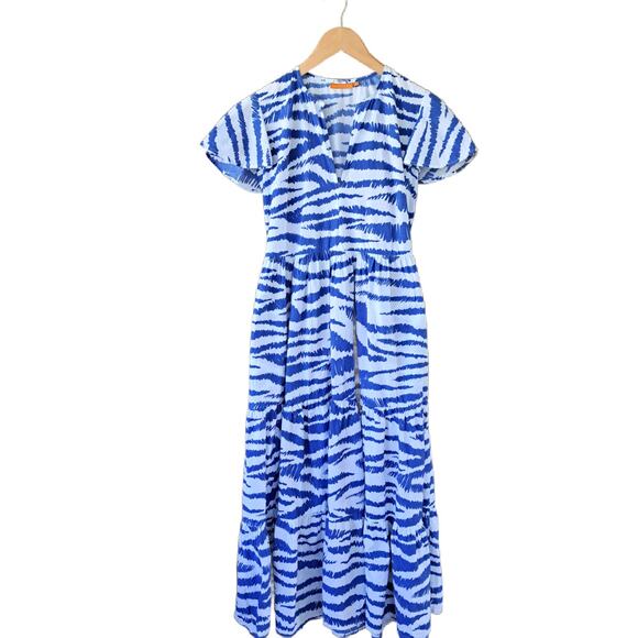 OLIPHANT Dipsy V-Neck Maxi Dress Small Singita Blue White Tiered Flutter Sleeve - Picture 10 of 12